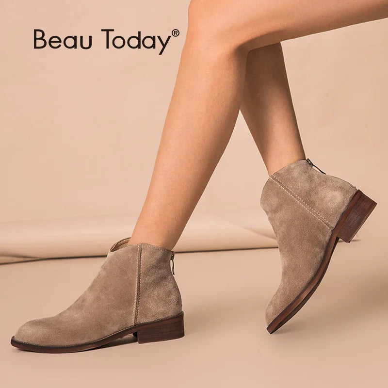 BEAUTODAY Suede Ankle Boots Women Soft Cow Leather Back Zip V-shape Ladies Autumn Winter Boots Handmade 03274 Pi-Mart
