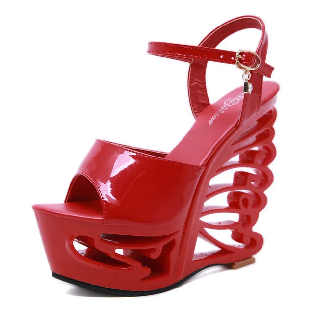 PU leather Strange Style Platform Sandals Women customized Heel Wedges Shoes Big Size Rivet High Heel  Gladiator Sandals LadyShow.Store
