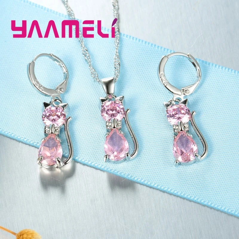 Real 925 Sterling Silver Color Jewelry Sets for Woman Girls Shining Austrian Crystal Cute Cat Pendant Necklace Huggie Earring Pi-Mart