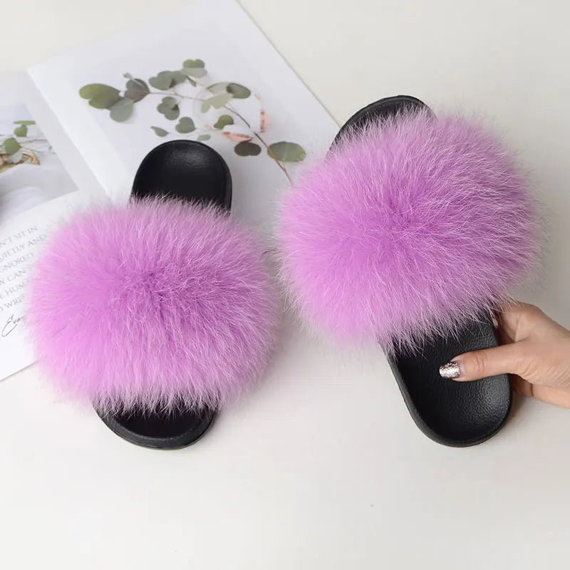 Women Summer Casual Fluffy Slippers With Fur Flat Non-Slip Real Fox Fur Furry Slides Large Size Shoes Fur Sandals LadyShow.Store