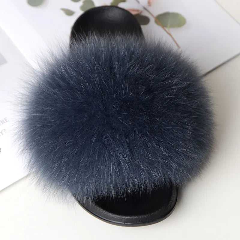 Women Summer Casual Fluffy Slippers With Fur Flat Non-Slip Real Fox Fur Furry Slides Large Size Shoes Fur Sandals LadyShow.Store