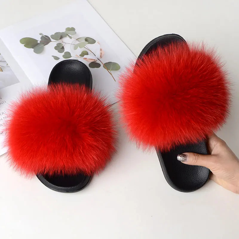 Women Summer Casual Fluffy Slippers With Fur Flat Non-Slip Real Fox Fur Furry Slides Large Size Shoes Fur Sandals LadyShow.Store