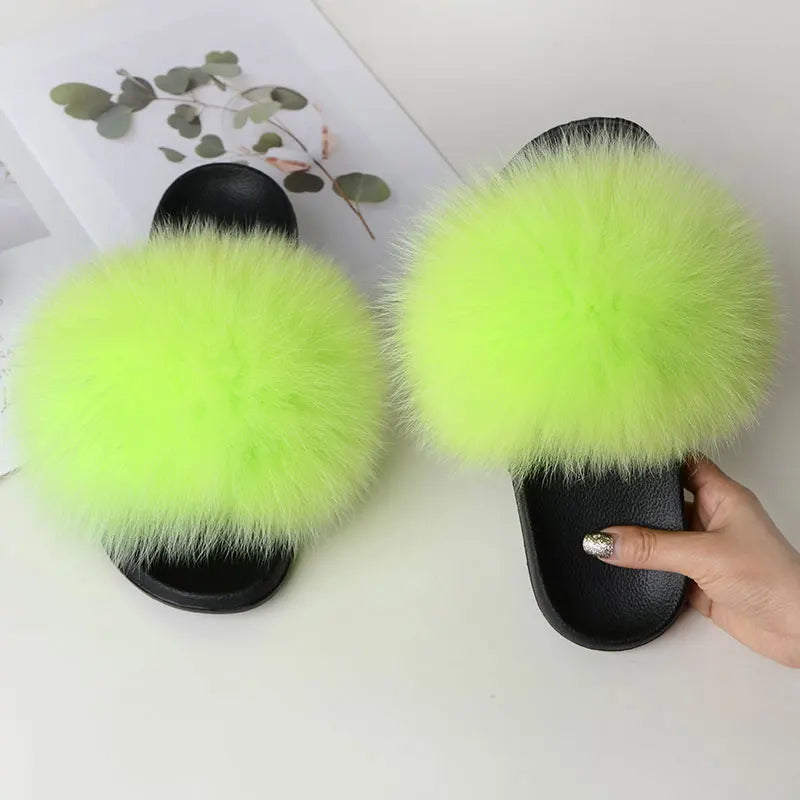 Women Summer Casual Fluffy Slippers With Fur Flat Non-Slip Real Fox Fur Furry Slides Large Size Shoes Fur Sandals LadyShow.Store