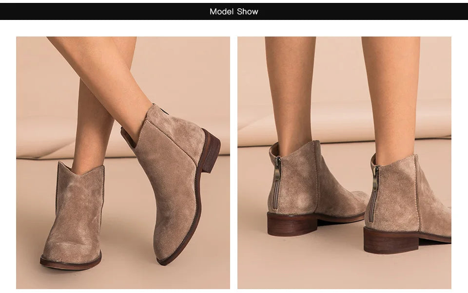 BEAUTODAY Suede Ankle Boots Women Soft Cow Leather Back Zip V-shape Ladies Autumn Winter Boots Handmade 03274 Pi-Mart