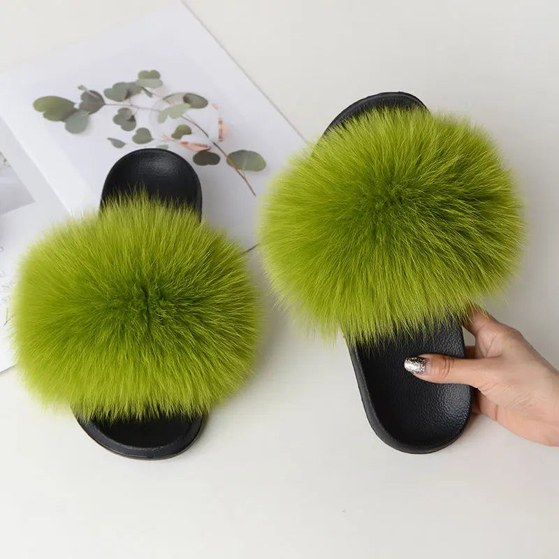 Women Summer Casual Fluffy Slippers With Fur Flat Non-Slip Real Fox Fur Furry Slides Large Size Shoes Fur Sandals LadyShow.Store