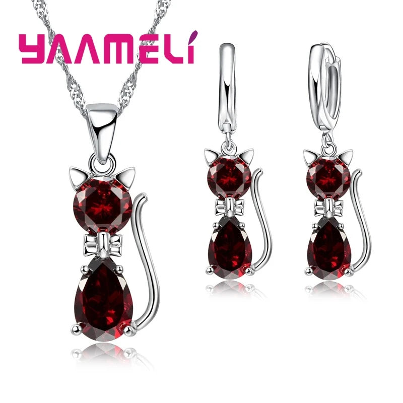 Real 925 Sterling Silver Color Jewelry Sets for Woman Girls Shining Austrian Crystal Cute Cat Pendant Necklace Huggie Earring Pi-Mart