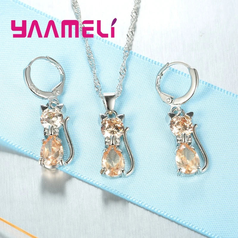 Real 925 Sterling Silver Color Jewelry Sets for Woman Girls Shining Austrian Crystal Cute Cat Pendant Necklace Huggie Earring Pi-Mart