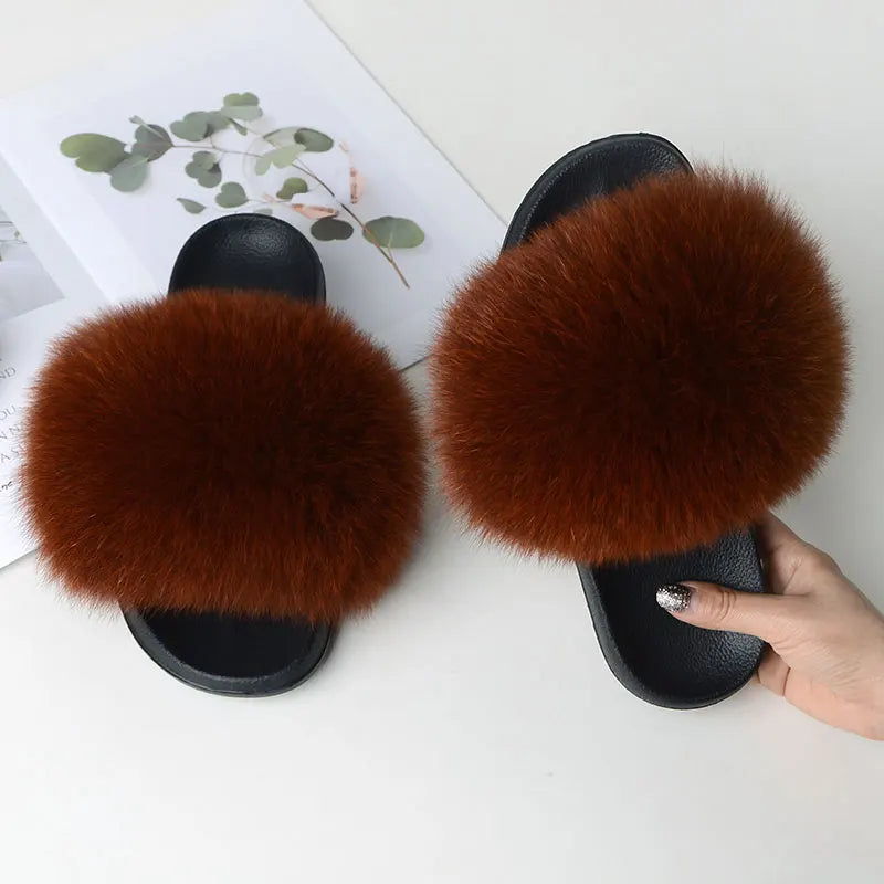 Women Summer Casual Fluffy Slippers With Fur Flat Non-Slip Real Fox Fur Furry Slides Large Size Shoes Fur Sandals LadyShow.Store