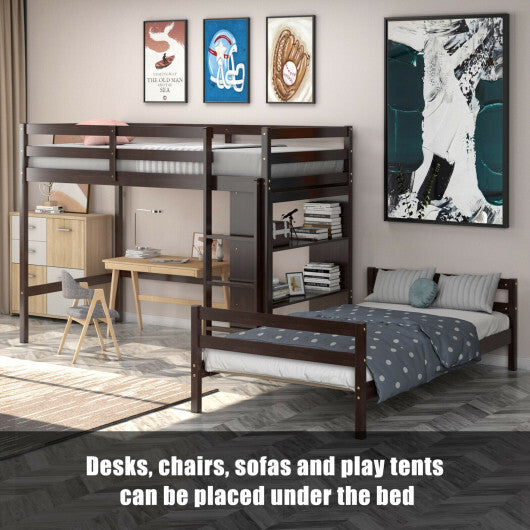 Twin Over Twin Loft Bunk Bed with Bookcase-Dark Brown LuxuryLifeWay Online Store