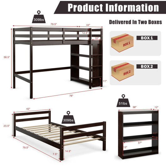 Twin Over Twin Loft Bunk Bed with Bookcase-Dark Brown LuxuryLifeWay Online Store