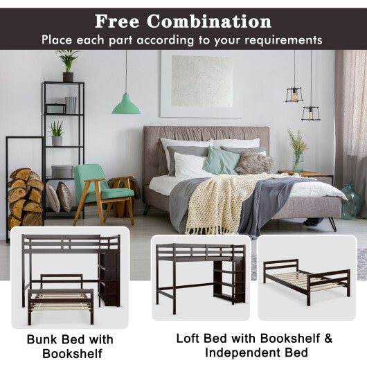 Twin Over Twin Loft Bunk Bed with Bookcase-Dark Brown LuxuryLifeWay Online Store