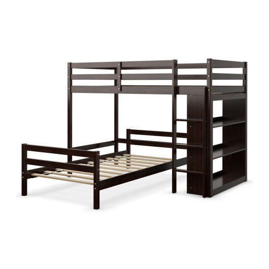 Twin Over Twin Loft Bunk Bed with Bookcase-Dark Brown LuxuryLifeWay Online Store