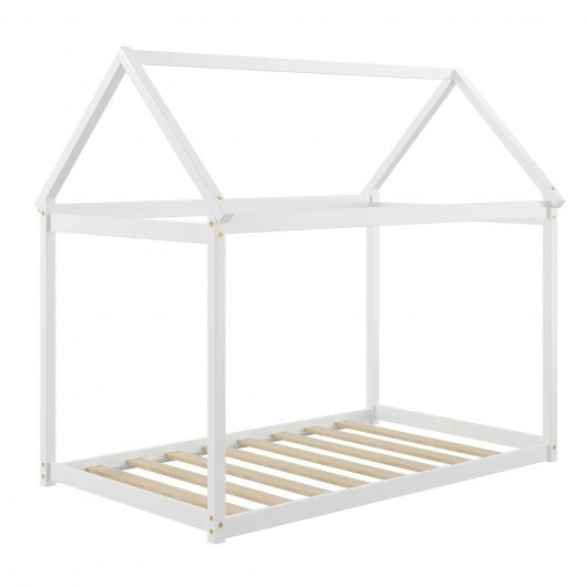 Stable Kids Platform Floor Bed with Roof and Heavy-Duty Slats-Gray LuxuryLifeWay Online Store