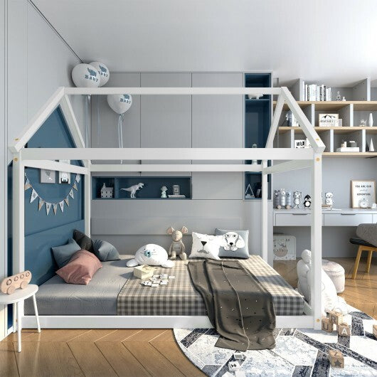 Stable Kids Platform Floor Bed with Roof and Heavy-Duty Slats-Gray LuxuryLifeWay Online Store