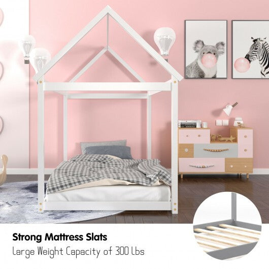 Stable Kids Platform Floor Bed with Roof and Heavy-Duty Slats-Gray LuxuryLifeWay Online Store