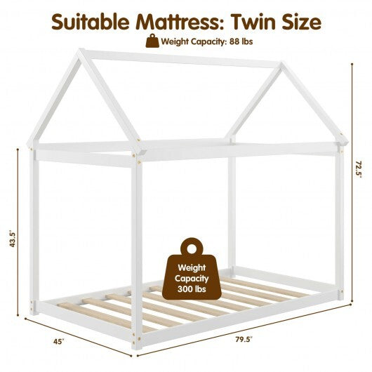 Stable Kids Platform Floor Bed with Roof and Heavy-Duty Slats-Gray LuxuryLifeWay Online Store
