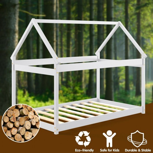 Stable Kids Platform Floor Bed with Roof and Heavy-Duty Slats-Gray LuxuryLifeWay Online Store