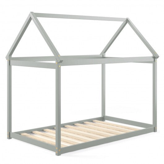 Stable Kids Platform Floor Bed with Roof and Heavy-Duty Slats-Gray LuxuryLifeWay Online Store