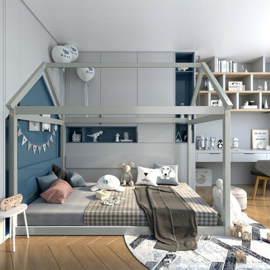 Stable Kids Platform Floor Bed with Roof and Heavy-Duty Slats-Gray LuxuryLifeWay Online Store