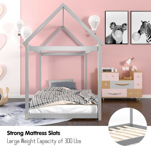Stable Kids Platform Floor Bed with Roof and Heavy-Duty Slats-Gray LuxuryLifeWay Online Store