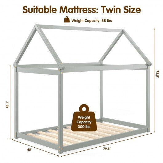 Stable Kids Platform Floor Bed with Roof and Heavy-Duty Slats-Gray LuxuryLifeWay Online Store