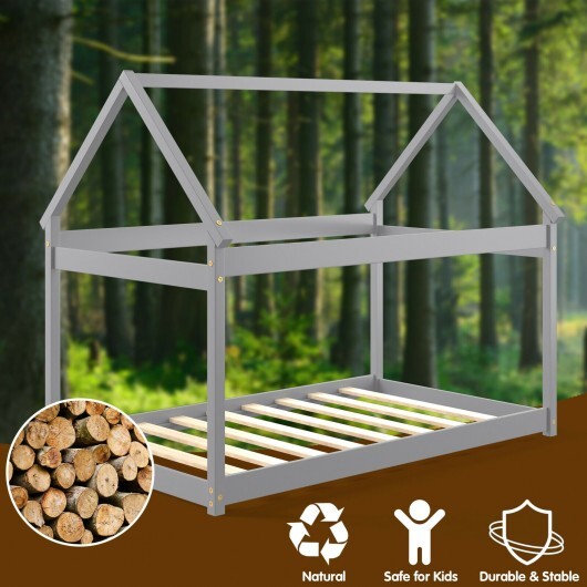 Stable Kids Platform Floor Bed with Roof and Heavy-Duty Slats-Gray LuxuryLifeWay Online Store
