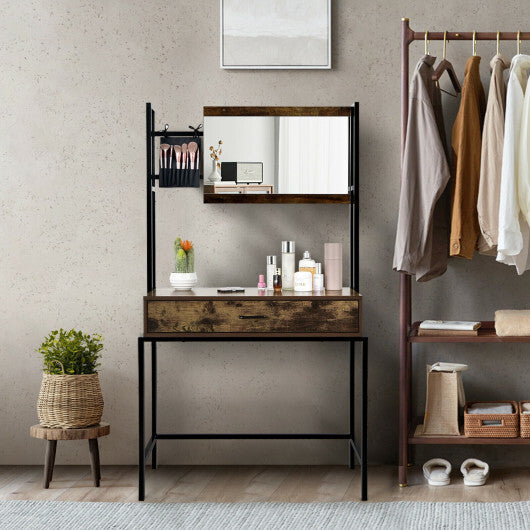 Industrial Vanity Table with 3-Height Adjustable Mirror Bag-Brown LuxuryLifeWay Online Store