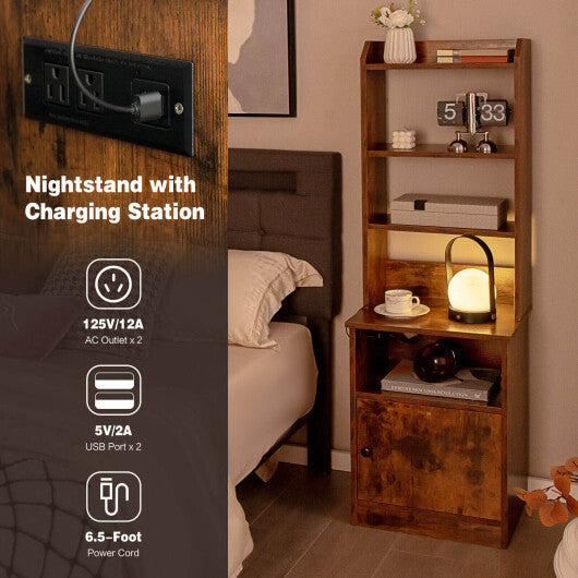 6-Tier Bookshelf Nightstand with Charging Station and Cabinet-Rustic Brown LuxuryLifeWay Online Store
