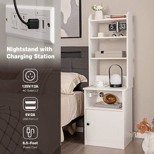 6-Tier Bookshelf Nightstand with Charging Station and Cabinet-Rustic Brown LuxuryLifeWay Online Store