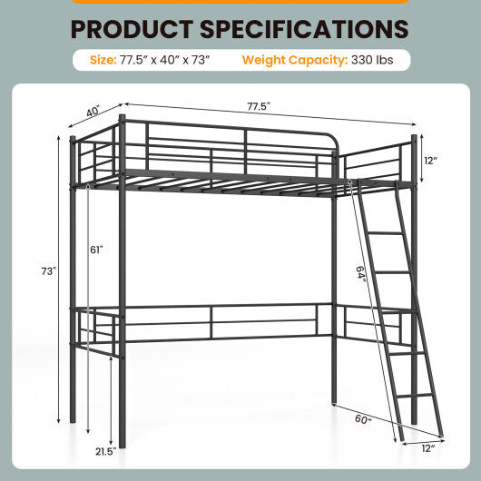 Metal Loft Twin Bed Frame Single High Loft Bed-Black LuxuryLifeWay Online Store