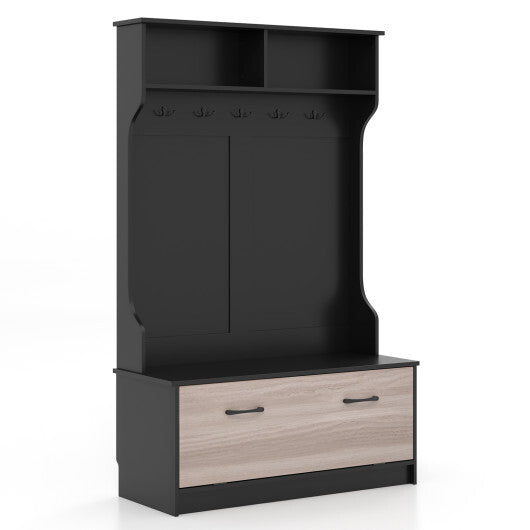 3 in 1 Coat Rack with Entryway Bench and Hooks and Enclosed Cabinet-White