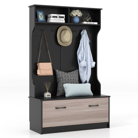 3 in 1 Coat Rack with Entryway Bench and Hooks and Enclosed Cabinet-White