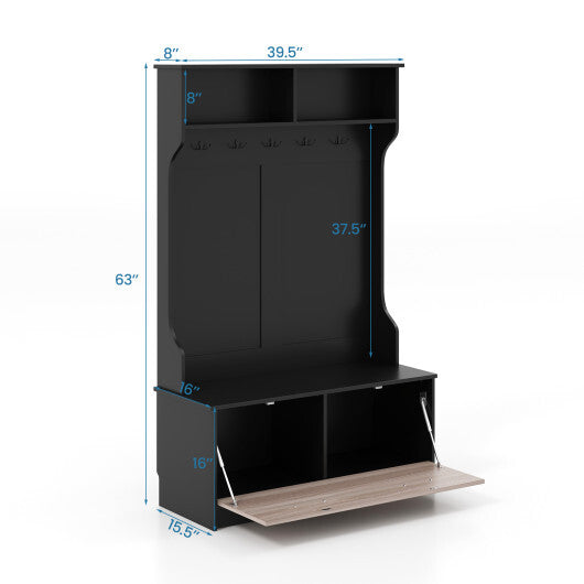 3 in 1 Coat Rack with Entryway Bench and Hooks and Enclosed Cabinet-White