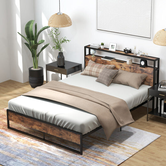 Full/Queen Bed Frame with 2-Tier Storage Headboard and Charging Station-Full Size