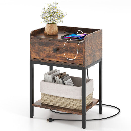 Industrial Bedside Table Nightstand with Charging Station-Rustic Brown LuxuryLifeWay Online Store