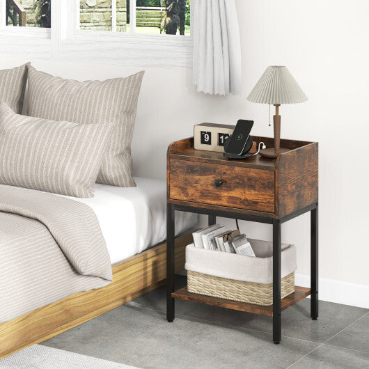 Industrial Bedside Table Nightstand with Charging Station-Rustic Brown LuxuryLifeWay Online Store