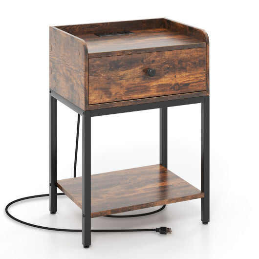 Industrial Bedside Table Nightstand with Charging Station-Rustic Brown LuxuryLifeWay Online Store