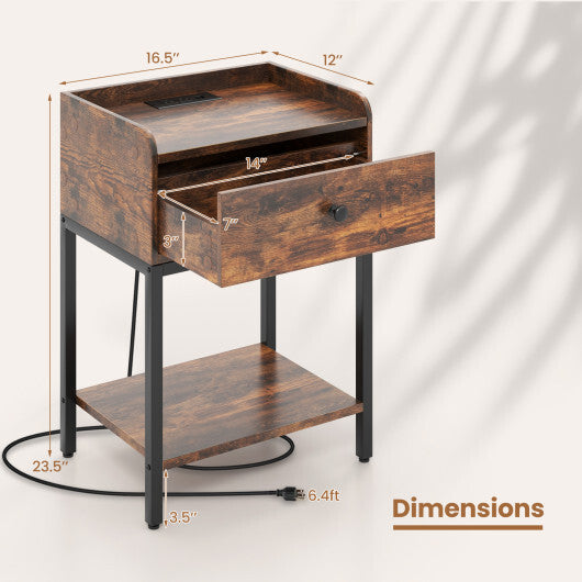 Industrial Bedside Table Nightstand with Charging Station-Rustic Brown LuxuryLifeWay Online Store