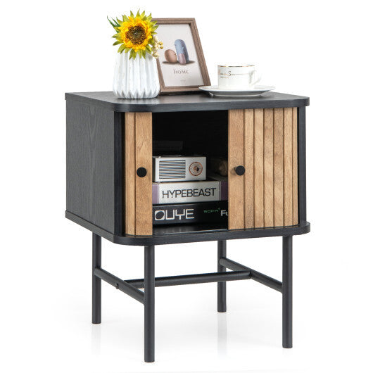 Mid-century Modern Nightstand with Sliding Doors and Storage Cabinet-White LuxuryLifeWay Online Store