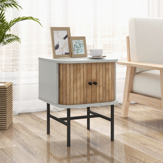 Mid-century Modern Nightstand with Sliding Doors and Storage Cabinet-White LuxuryLifeWay Online Store
