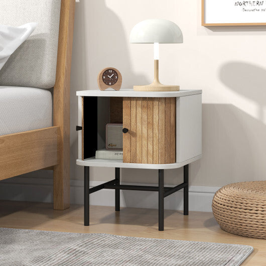 Mid-century Modern Nightstand with Sliding Doors and Storage Cabinet-White LuxuryLifeWay Online Store