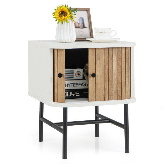 Mid-century Modern Nightstand with Sliding Doors and Storage Cabinet-White LuxuryLifeWay Online Store