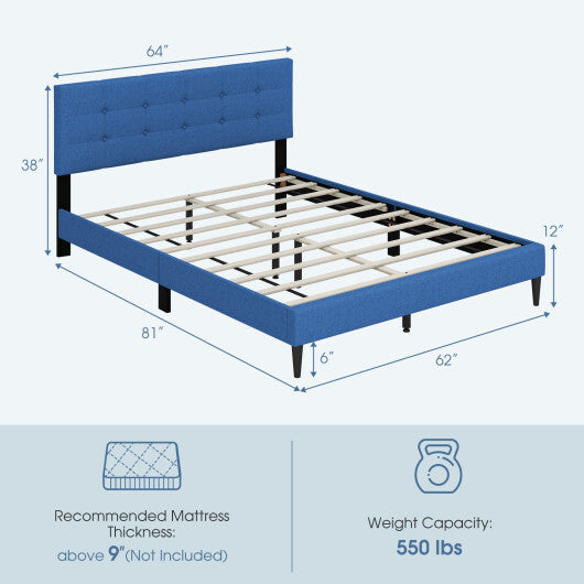 Queen Size Upholstered Platform Bed with Button Tufted Headboard-Blue LuxuryLifeWay Online Store
