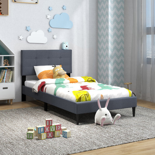 Twin Size Upholstered Platform Bed with Button Tufted Headboard-Gray LuxuryLifeWay Online Store