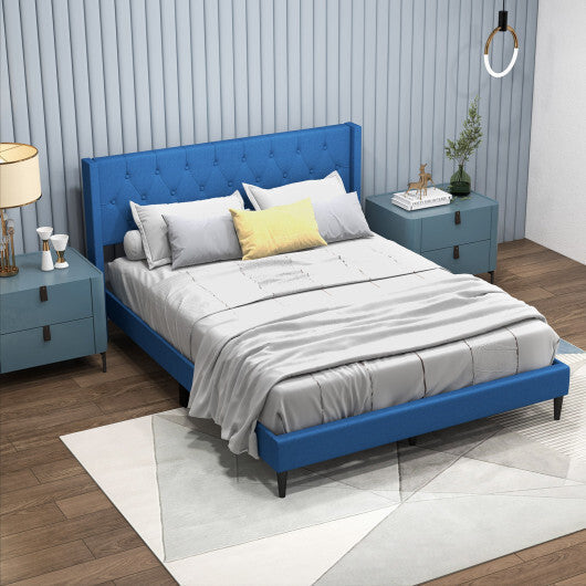 Queen Size Upholstered Platform Bed with Button Tufted Wingback Headboard-Blue LuxuryLifeWay Online Store