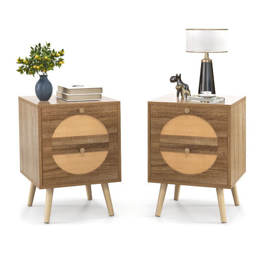 Set of 2 Rattan Nightstand with 2 Drawers and Solid Wood Legs-Natual LuxuryLifeWay Online Store