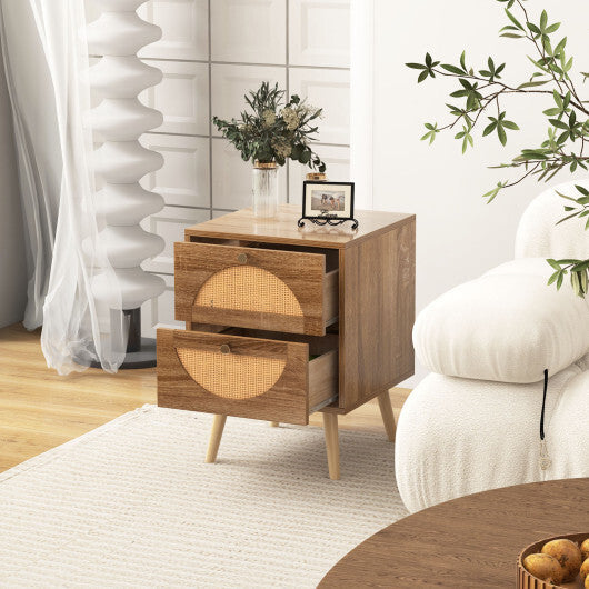 Set of 2 Rattan Nightstand with 2 Drawers and Solid Wood Legs-Natual LuxuryLifeWay Online Store