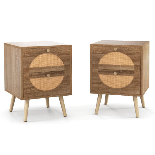 Set of 2 Rattan Nightstand with 2 Drawers and Solid Wood Legs-Natual LuxuryLifeWay Online Store