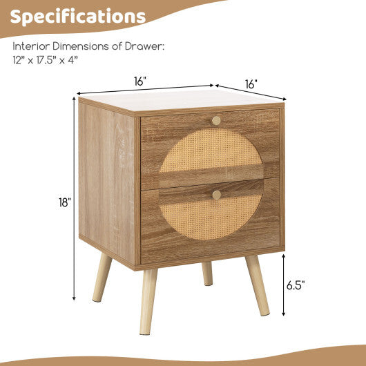Set of 2 Rattan Nightstand with 2 Drawers and Solid Wood Legs-Natual LuxuryLifeWay Online Store