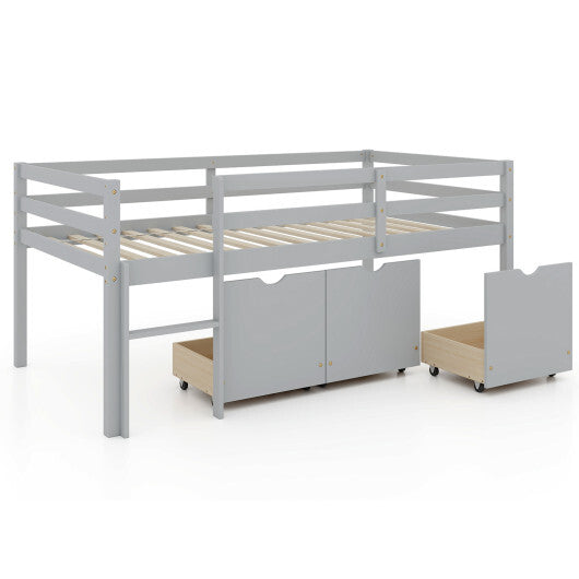 Twin Size Low Loft Bed with 3 Drawers with Ladder and Full-length Guardrails-Gray LuxuryLifeWay Online Store